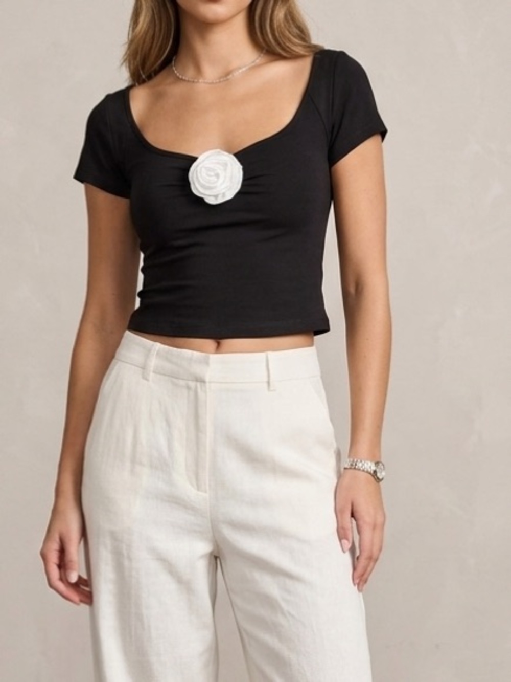 Scoop Neck Top with White Rose Accent